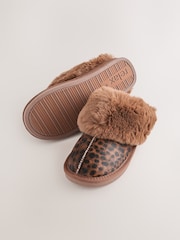 Animal/Brown Faux Fur Lined Suede Mule Slippers - Image 4 of 6