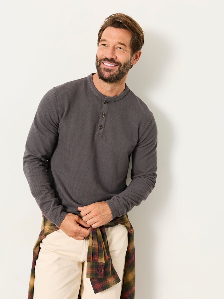 FatFace Henley Washed Black Long Sleeve Textured T-Shirt - Image 1 of 6