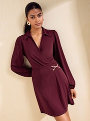 Friends Like These Berry Red Long Sleeve Hardware Detail Wrap Mini Dress - Image 2 of 4
