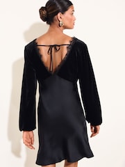 Friends Like These Black Petite Velvet Long Sleeve Lace Detail Mini Dress - Image 5 of 5