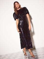 Friends Like These Black Petite Sequin Puff Sleeve Midi Dress - Image 1 of 7