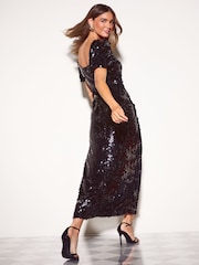 Friends Like These Black Petite Sequin Puff Sleeve Midi Dress - Image 6 of 7