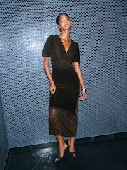 Friends Like These Chocolate Brown Petite Lace Trim Velvet Midi Dress - Image 4 of 5