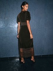 Friends Like These Chocolate Brown Petite Lace Trim Velvet Midi Dress - Image 5 of 5