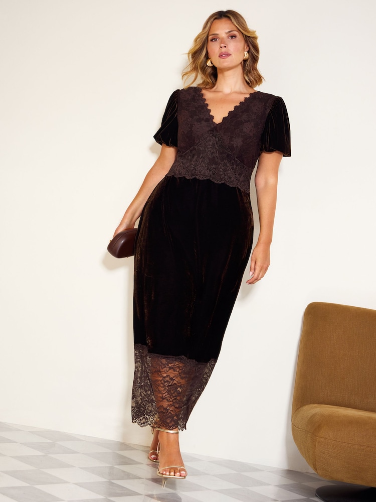 Friends Like These Chocolate Brown Curve Lace Trim Velvet Midi Dress - Image 1 of 5