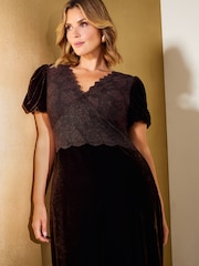 Friends Like These Chocolate Brown Curve Lace Trim Velvet Midi Dress - Image 3 of 5
