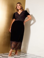 Friends Like These Chocolate Brown Curve Lace Trim Velvet Midi Dress - Image 4 of 5