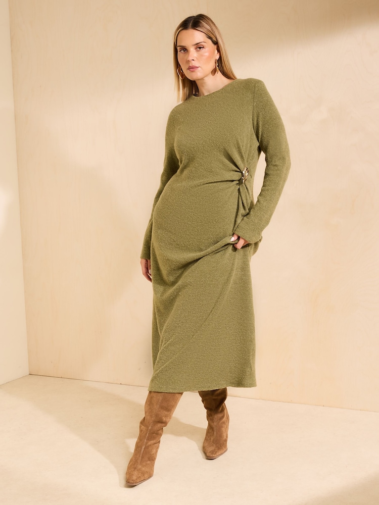 Friends Like These Olive Green Curve Cosy Long Sleeve Hardware Detail Midi Dress - Image 1 of 5