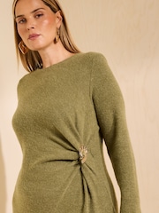 Friends Like These Olive Green Curve Cosy Long Sleeve Hardware Detail Midi Dress - Image 2 of 5