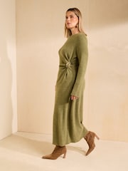 Friends Like These Olive Green Curve Cosy Long Sleeve Hardware Detail Midi Dress - Image 3 of 5