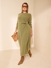 Friends Like These Olive Green Curve Cosy Long Sleeve Hardware Detail Midi Dress - Image 5 of 5