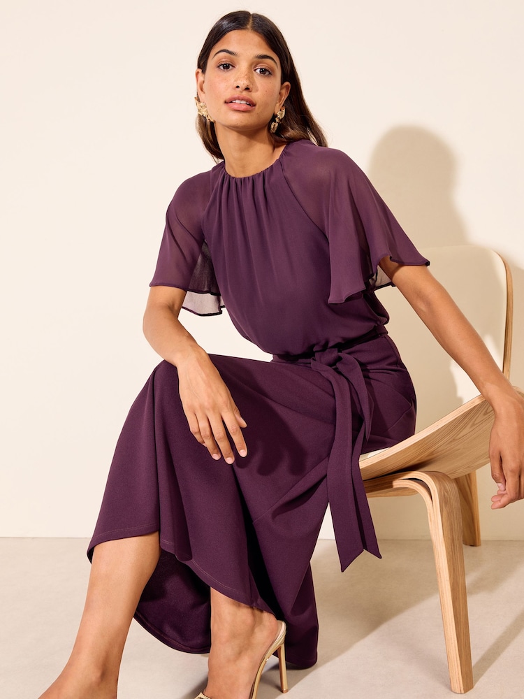 Friends Like These Aubergine Purple Petite Jersey Chiffon Flutter Sleeve Midi Dress - Image 1 of 6