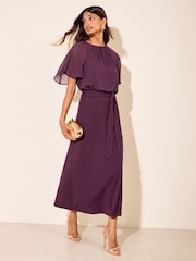 Friends Like These Aubergine Purple Petite Jersey Chiffon Flutter Sleeve Midi Dress - Image 2 of 6