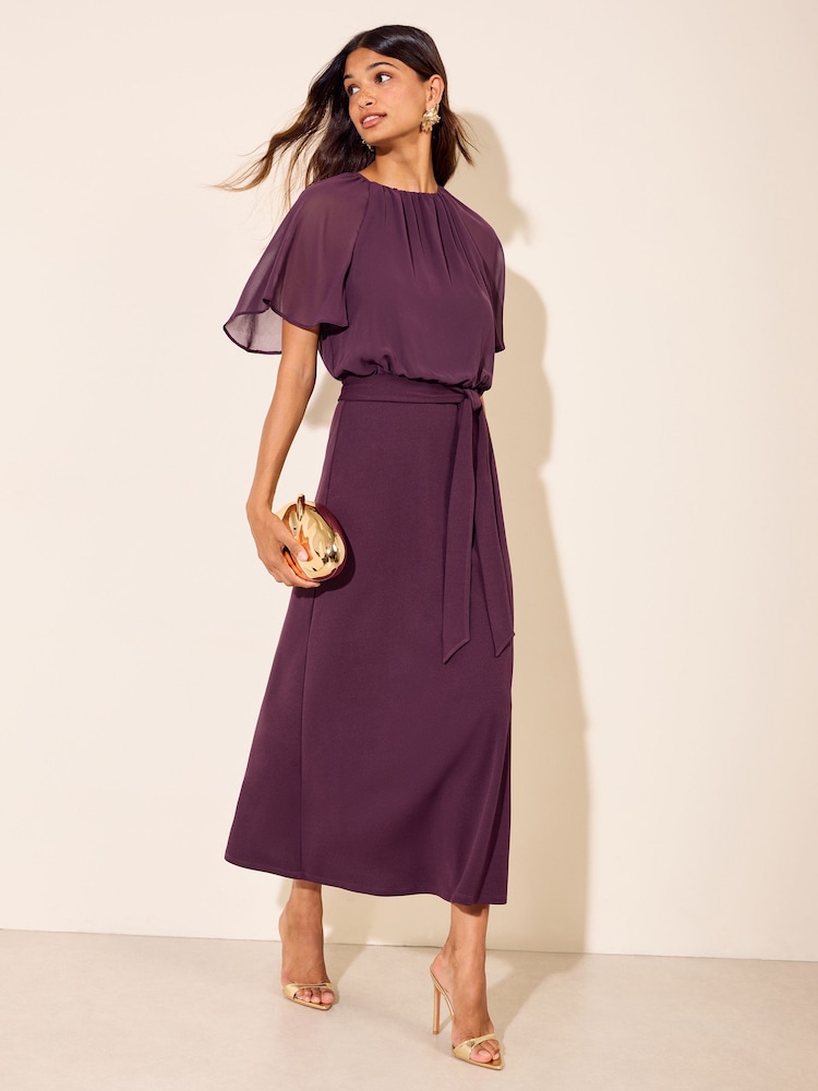 Friends Like These Aubergine Purple Petite Jersey Chiffon Flutter Sleeve Midi Dress - Image 2 of 6