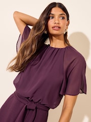 Friends Like These Aubergine Purple Petite Jersey Chiffon Flutter Sleeve Midi Dress - Image 3 of 6
