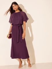 Friends Like These Aubergine Purple Petite Jersey Chiffon Flutter Sleeve Midi Dress - Image 4 of 6
