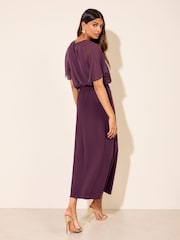 Friends Like These Aubergine Purple Petite Jersey Chiffon Flutter Sleeve Midi Dress - Image 5 of 6