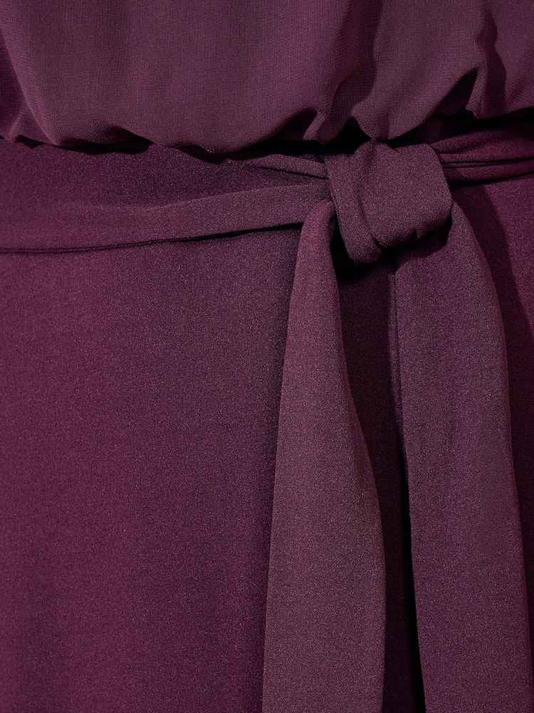 Friends Like These Aubergine Purple Petite Jersey Chiffon Flutter Sleeve Midi Dress - Image 6 of 6