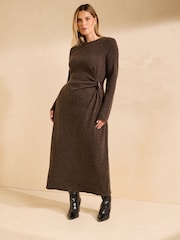 Friends Like These Chocolate Brown Curve Cosy Long Sleeve Hardware Detail Midi Dress - Image 1 of 5