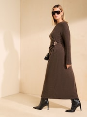 Friends Like These Chocolate Brown Curve Cosy Long Sleeve Hardware Detail Midi Dress - Image 3 of 5