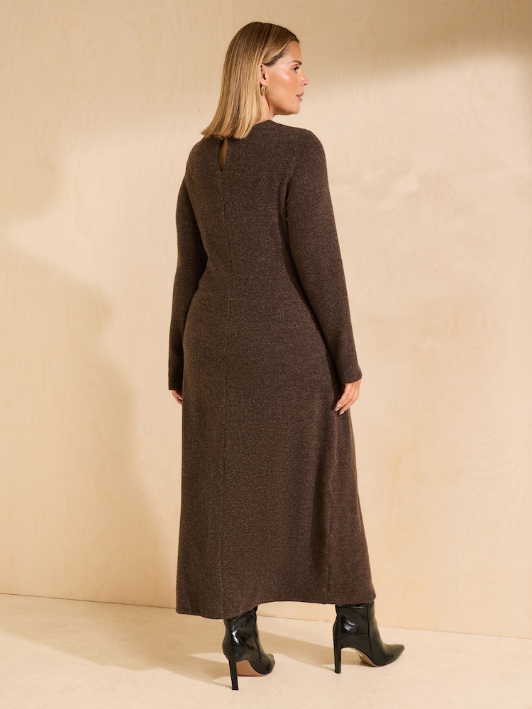 Friends Like These Chocolate Brown Curve Cosy Long Sleeve Hardware Detail Midi Dress - Image 5 of 5