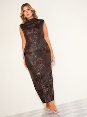Friends Like These Chocolate Brown Curve Sequin Floral Column Midi Dress - Image 5 of 6