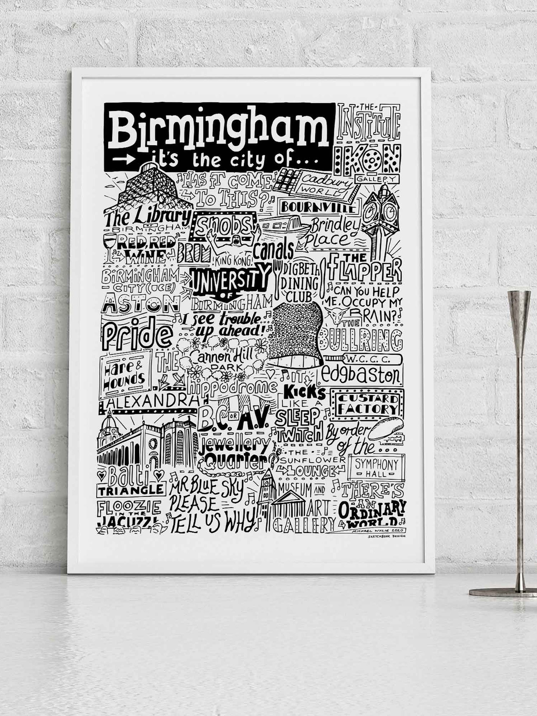 Sketchbook Design Birmingham Landmarks A3 Art Print - White Frame - Image 2