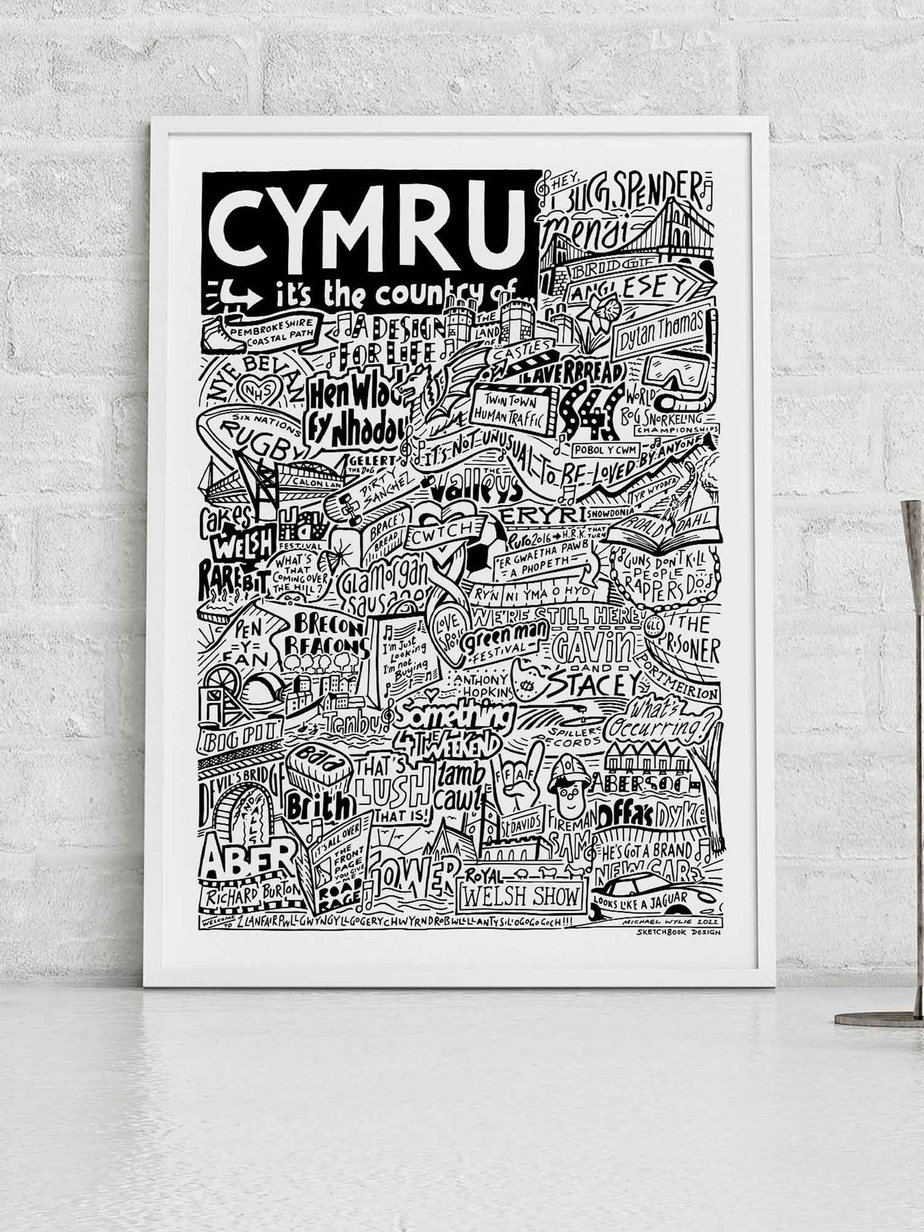 Sketchbook Design Cymru Landmarks A3 Art Print - White Frame - Image 2