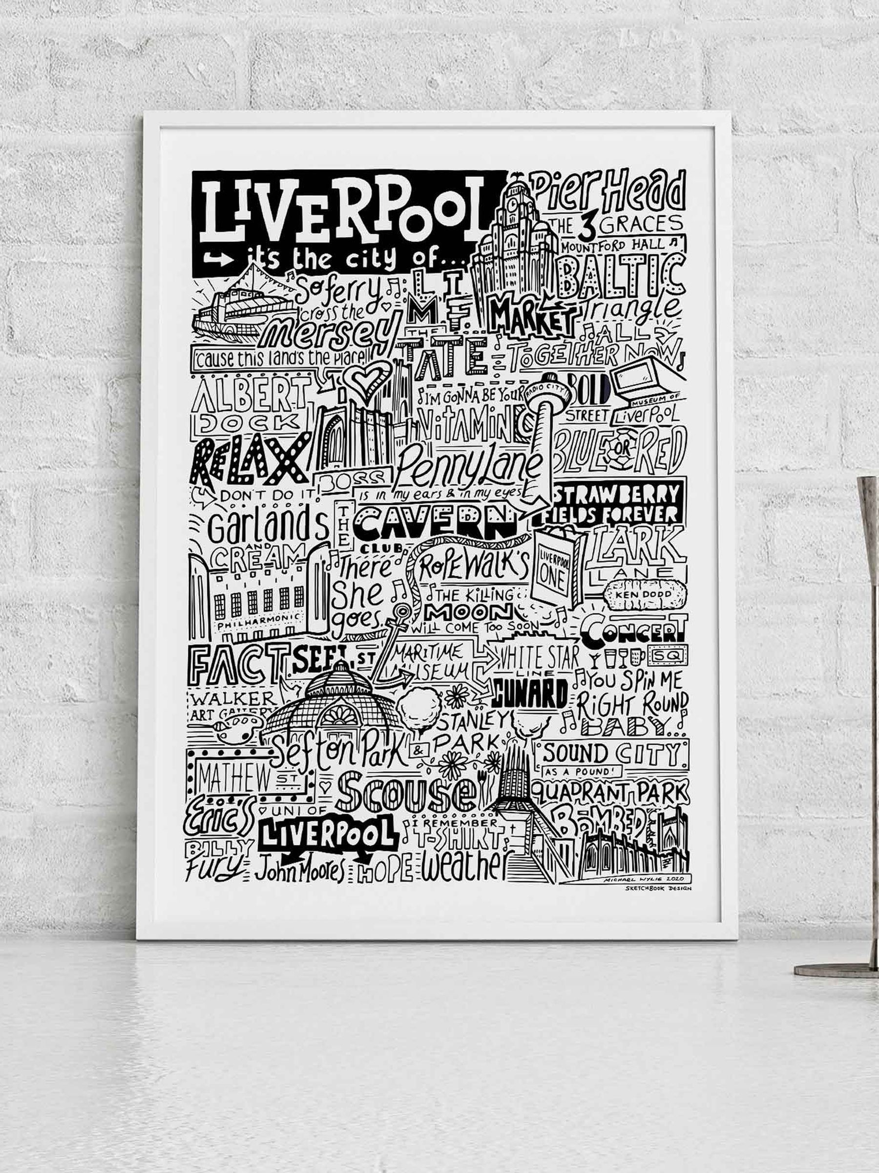 Sketchbook Design Unisex Multi Liverpool Landmarks Illustration Framed Wall Art Print - Image 1