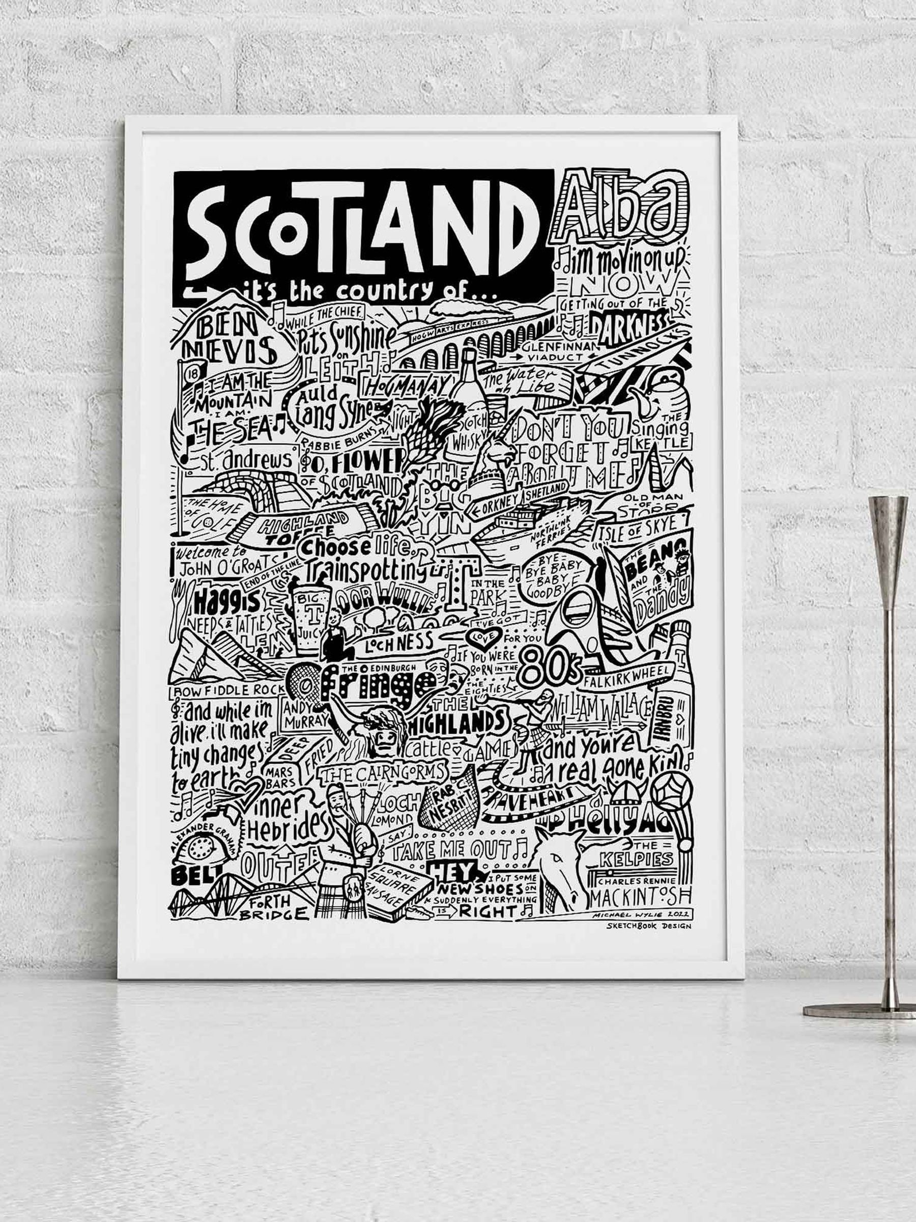 Sketchbook Design Scotland Landmarks A3 Print - White Frame - Image 2