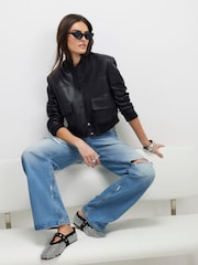 River Island Black Faux Leather Cropped Bomber Jacket - Image 1 of 4