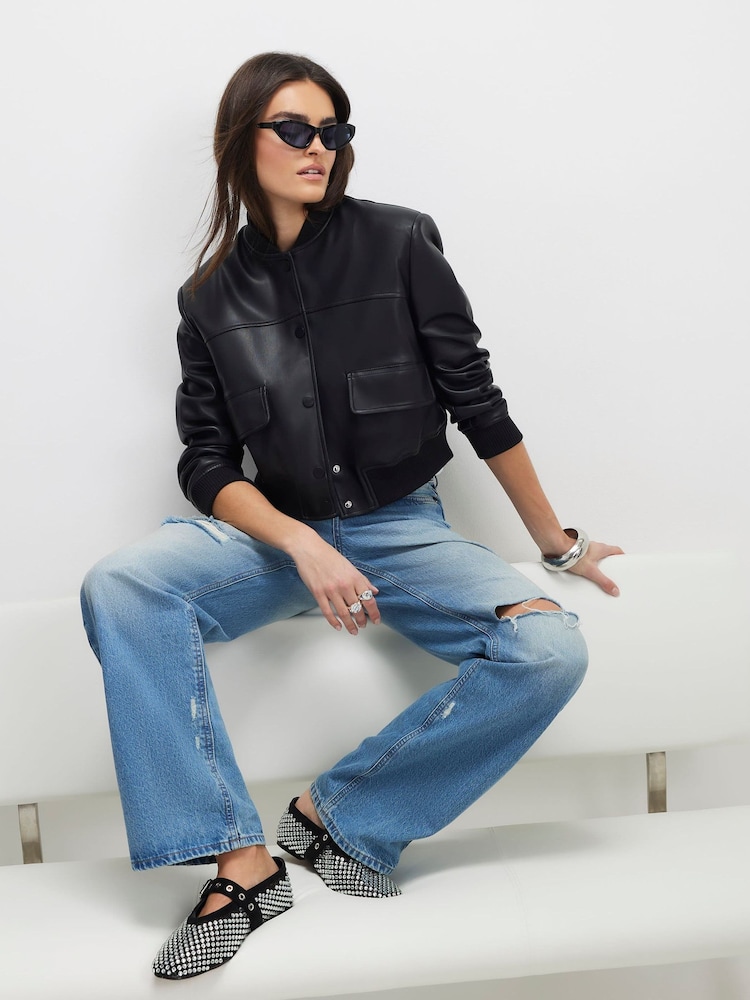 River Island Black Faux Leather Cropped Bomber Jacket - Image 1 of 4