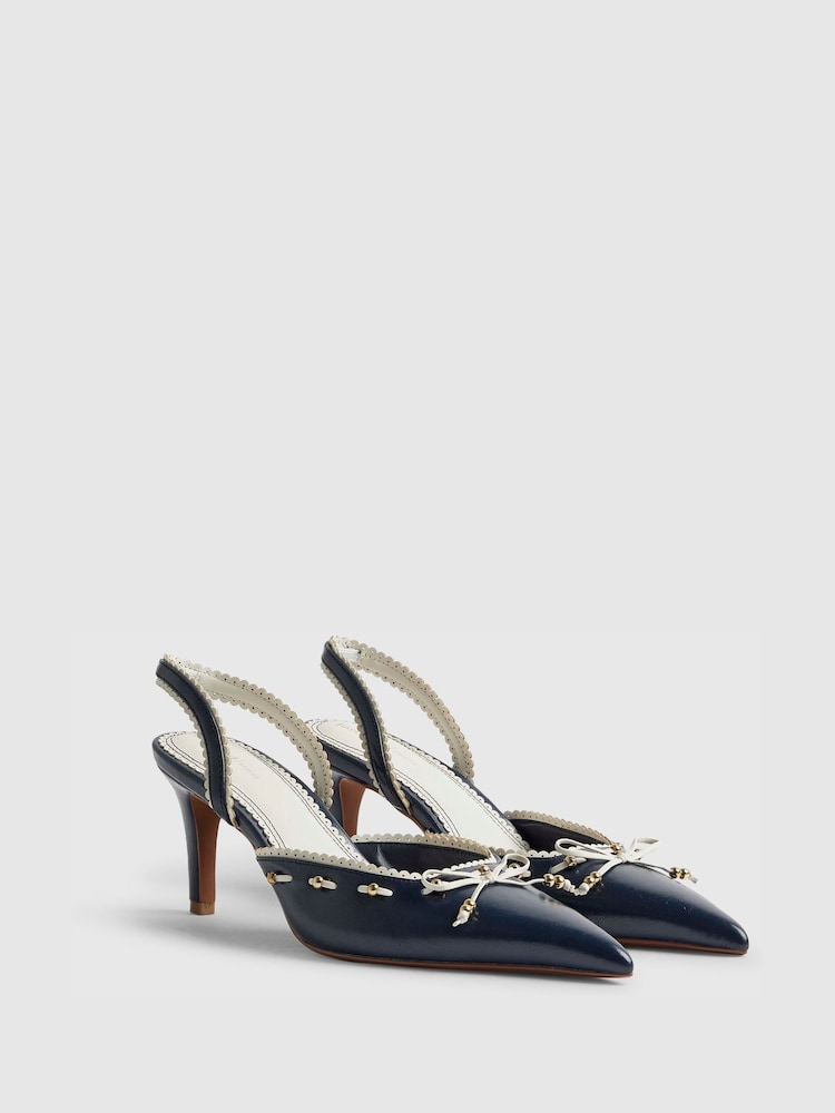 River Island Blue Scallop Trim Slingback Court Shoes - Image 1 of 5