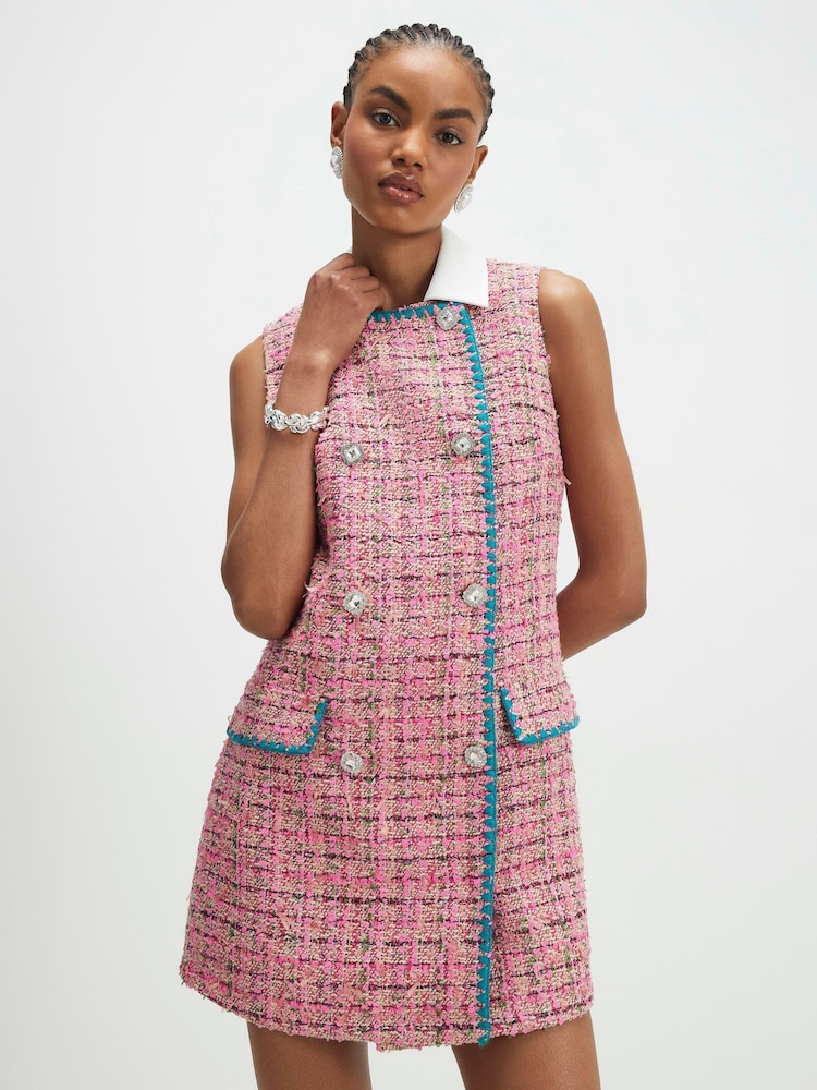 River Island Pink Sleeveless Collared Boucle Mini Dress - Image 2 of 4