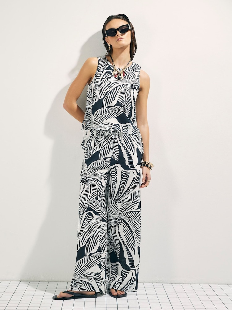 River Island Black Palm Print Tank Containing Linen Tank Top - Image 1 of 4