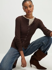 River Island Brown Long Sleeve Popper Through Rib Top - Image 1 of 3