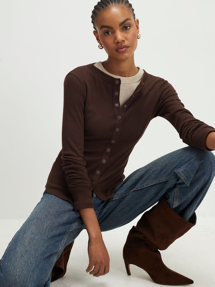 River Island Brown Long Sleeve Popper Through Rib Top - Image 1 of 3 River Island Brown Long Sleeve Popper Through Rib Top - Image 1 of 3