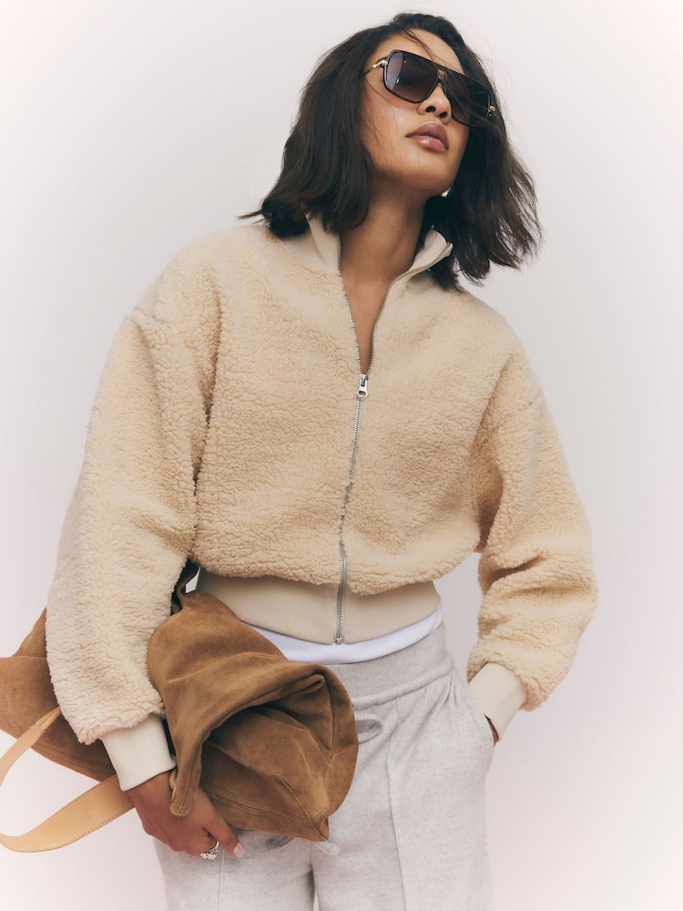 River Island Cream Long Sleeve Borg Zip Up Sweatshirt - Image 1 of 3