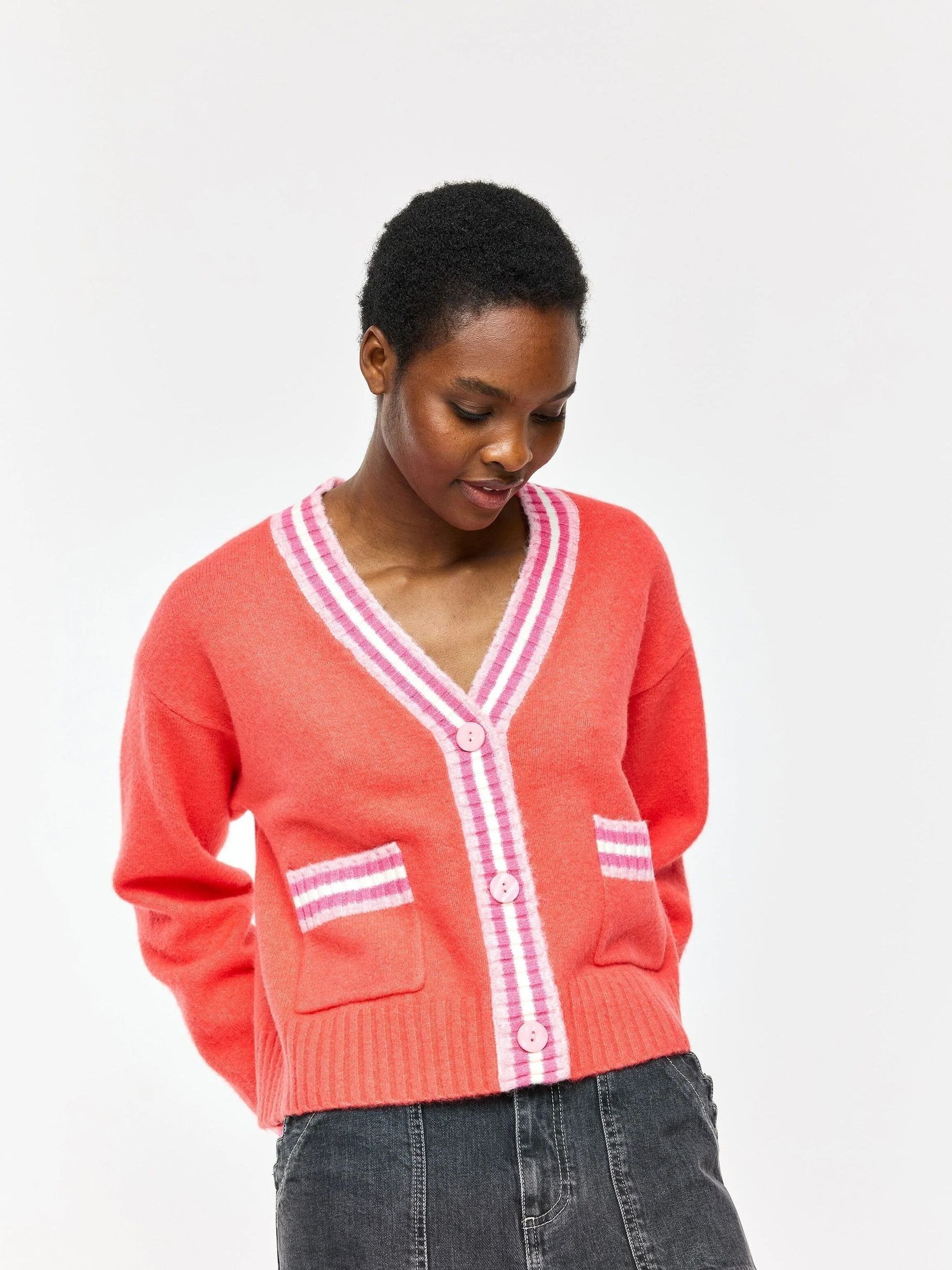 Buy Oliver Bonas Red & Pink Striped V-Neck Knitted Cardigan from