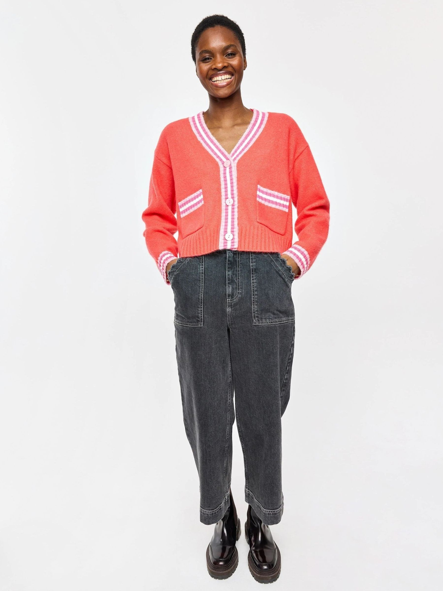 Buy Oliver Bonas Red & Pink Striped V-Neck Knitted Cardigan from