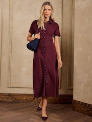 Love & Roses Burgundy Red Petite Contrast Piping Short Sleeve Pencil Midi Dress - Image 3 of 4