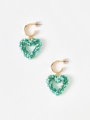 Oliver Bonas Green Nolan Blue Beaded Heart Hoop Earrings - Image 3 of 5
