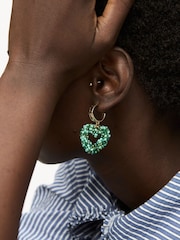 Oliver Bonas Green Nolan Blue Beaded Heart Hoop Earrings - Image 5 of 5