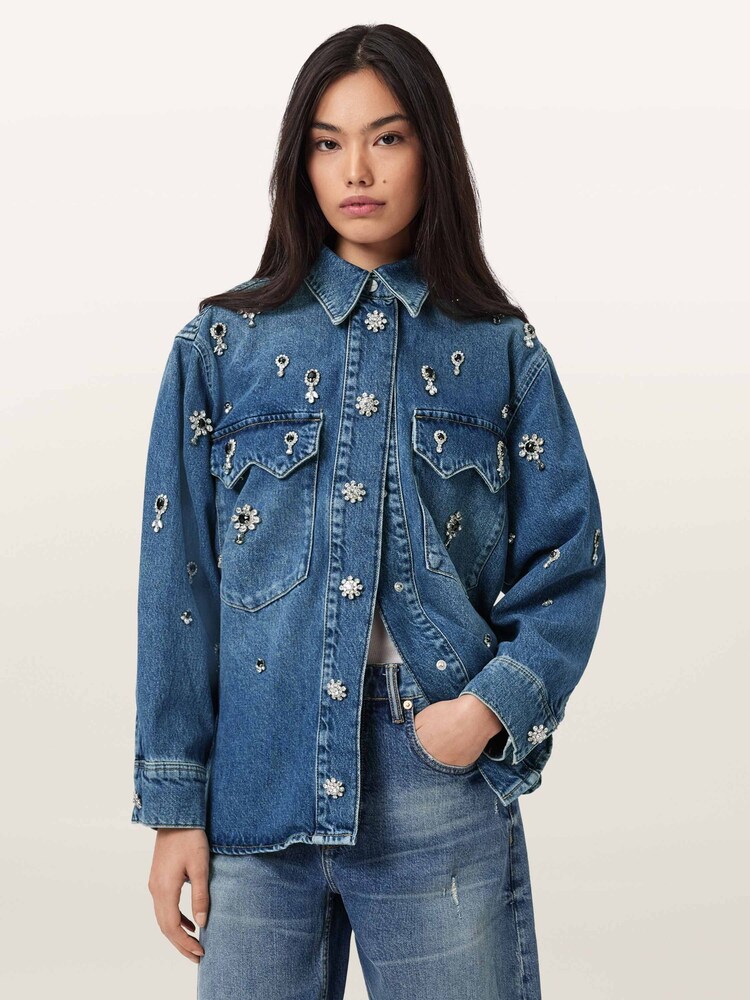 AllSaints Blue Enna Embroidered Denim Shirt - Image 1 of 7