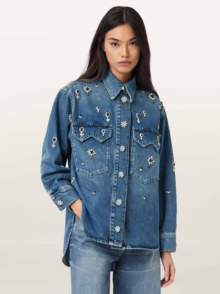 AllSaints Blue Enna Embroidered Denim Shirt - Image 2 of 7