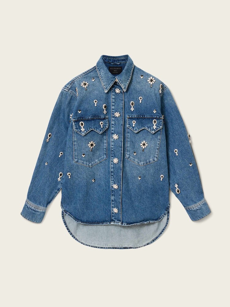 AllSaints Blue Enna Embroidered Denim Shirt - Image 7 of 7