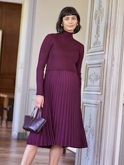 Seraphine Burgundy Red Maternity Turtle Neck Pleated Nursing Midi Dress - Image 2 of 5