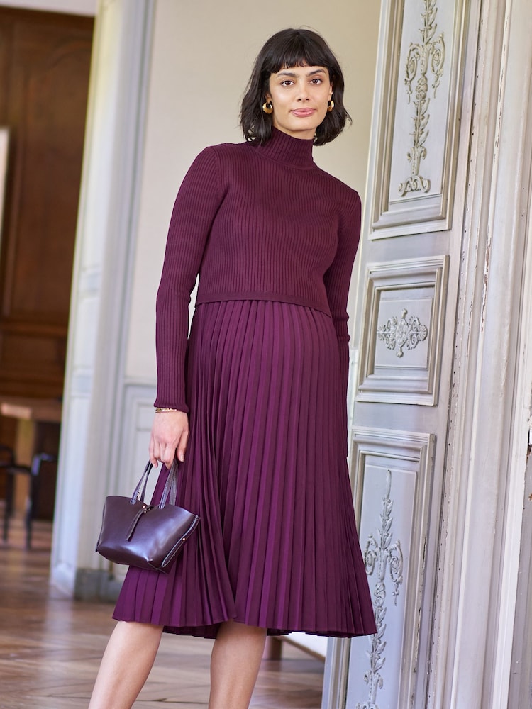 Seraphine Burgundy Red Maternity Turtle Neck Pleated Nursing Midi Dress - Image 2 of 5 Seraphine Burgundy Red Maternity Turtle Neck Pleated Nursing Midi Dress - Image 2 of 5