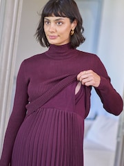 Seraphine Burgundy Red Maternity Turtle Neck Pleated Nursing Midi Dress - Image 3 of 5