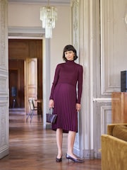 Seraphine Burgundy Red Maternity Turtle Neck Pleated Nursing Midi Dress - Image 4 of 5